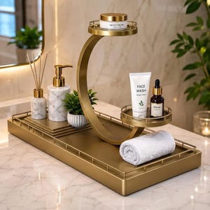 Luxury C-Shape Vanity Organizer STL | Modern Gold Cosmetic Shelf 3D Model | Elegant Bathroom Countertop Decor | Premium Skincare Display Sta