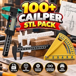 May include: A digital caliper with a black body and teal accents, a white plastic caliper, a black plastic caliper, and a yellow plastic protractor tool. The image features the text 100+ CAILPER STL PACK and technical drawings of measuring tools.