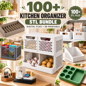 May include: A digital collection of 100+ kitchen organiser STL files for 3D printing. The image displays various plastic storage bins, including white modular drawers with honeycomb patterns, a green tray, and a grey divided organiser.