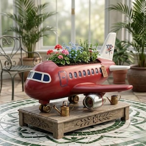 May include: A red airplane-shaped planter with a white tail fin marked 100+ STAL, filled with pink, red, and blue flowers. The planter sits on a rectangular wooden base with floral carvings, accompanied by two small brass-colored watering cans.