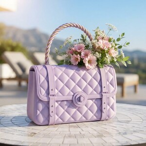 Puede incluir: Un bolso acolchado de color violeta claro con forma rectangular estructurada, un asa de cuerda trenzada, dos correas verticales con tachuelas plateadas y un cierre giratorio circular central, lleno de un ramo de flores rosas y blancas.