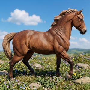 Peut inclure: Un cheval brun avec une crini&egrave;re et une queue claires se tient dans un champ de fleurs sauvages. Le cheval est de profil, avec une musculature prononc&eacute;e et une expression calme. Le ciel est bleu avec des nuages blancs.