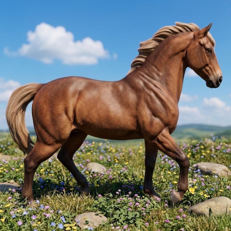 Peut inclure: Un cheval brun avec une crini&egrave;re et une queue claires se tient dans un champ de fleurs sauvages. Le cheval est de profil, avec une musculature prononc&eacute;e et une expression calme. Le ciel est bleu avec des nuages blancs.