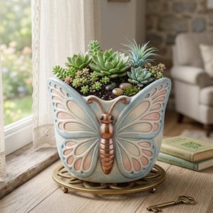 Może przedstawiać: Ceramiczna doniczka w kształcie motyla z pastelowo-niebieskimi i różowymi skrzydłami oraz metalicznym brązowym korpusem. Doniczka wypełniona jest różnymi zielonymi sukulentami i stoi na okrągłej, brązowej metalowej podstawce z wyciętym wzorem.