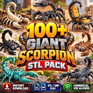 Pack de plus de 100 fichiers STL de scorpions géants, fichiers d'impression 3D de scorpions, scorpions articulés (STL), modèles 3D de scorpions, pack d'insectes (STL), usage commercial