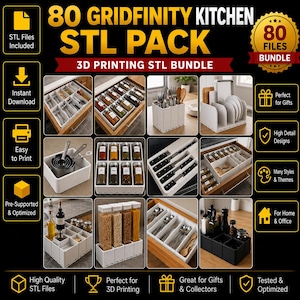 80 Gridfinity Kitchen STL Pack, 3D Printer Files Bundle, Drawer Organizer, Spice Rack, Utensil Tray, Digital Download