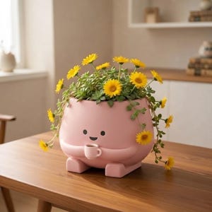 Vaso per piante a forma di personaggio carino STL / Porta tazza da caffè Kawaii modello 3D / Accogliente vaso per piante grasse da scrivania STL / Vaso di fiori decorativo e divertente download digitale