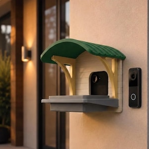 May include: A wall-mounted bird feeder with a green arched roof, yellow support brackets, and a light-colored back panel featuring a cutout for a camera device. A rectangular gray feeding tray is attached below, positioned next to a black video doorbell.