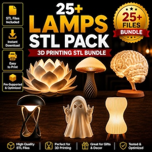25+ Lamps STL Pack, 3D Printer Files Bundle, Printable Lamp Shade, Night Light, LED Table Lamp Home Decor Digital Download