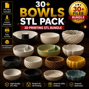 May include: A digital collection of 30+ bowl designs for 3D printing, featuring various shapes, textures, and styles including ribbed, woven, scalloped, and multi-compartment bowls in colours like black, white, yellow, green, and speckled finishes.