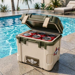 May include: A beige and olive green hard-sided cooler with an open lid, containing six red soda cans. The front features a metallic skull emblem with wings and a Top Gun logo patch on the side. The cooler has a rugged, rectangular design.