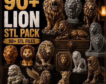 90+ Lion STL Pack, Lion 3D Printer Files Bundle, Printable Lion Figurines, Lion Head Wall Art, Animal Decor Digital Download