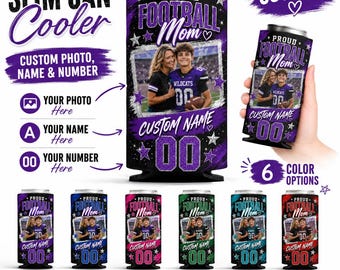 Custom Football Mom Can Cooler, Personalized Photo Name Number Drink Insulator, Friday Night Lights Gameday Gift, Team Color Beer Sleeve