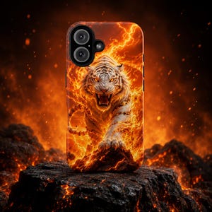 May include: A smartphone case featuring a white tiger with glowing orange eyes, surrounded by swirling flames and lightning bolts. The design displays a fierce tiger with an open mouth, set against a backdrop of intense fire and dark volcanic rock.