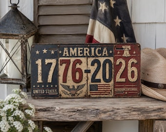Dark Heavy Rust 1776 2026 License Plate, Vintage Patriotic America 250 Car Tag, Distressed Semiquincentennial Metal Sign, Truck Accessory