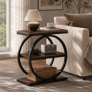 Peut inclure: Une table d'appoint à deux niveaux avec un dessus et des étagères en bois brun foncé, soutenue par des cadres circulaires en métal noir. Une petite lampe avec un abat-jour beige est posée sur le dessus, avec un livre et une tasse. Un panier en osier est sur l'étagère du bas.