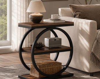 3 Tier Side Table with Storage Shelves – Rustic Wooden End Table, Narrow Sofa Side Table with Black Metal Frame for Living Room