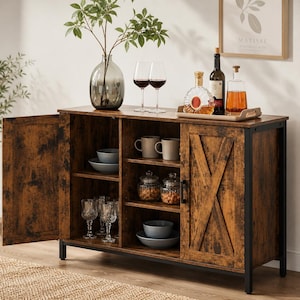 Aparador rústico – Buffet de estilo granja con puertas corredizas tipo granero, armario de almacenamiento con estantes para comedor, cocina y sala de estar.