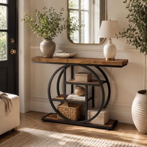 Peut inclure: Une console dotée d'un plateau rectangulaire en bois et d'une base composée d'un cadre circulaire en métal noir avec des étagères intégrées. Les étagères contiennent une petite boîte, un vase en céramique, un panier tressé et une boîte de rangement.