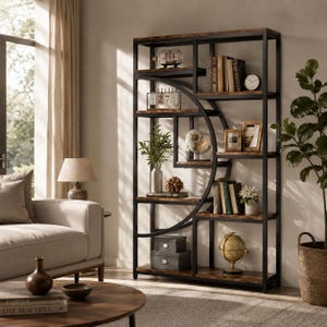 Peut inclure: Une grande bibliothèque à structure métallique noire et étagères en bois. Les étagères sont remplies de livres, d'objets décoratifs et de plantes. La bibliothèque a un élément de design incurvé unique et est placée dans un salon.