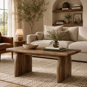 May include: A rectangular wooden coffee table with a natural grain finish and two thick, curved slab legs. The table surface holds a shallow, light-colored stone bowl and a stack of two books topped with a small glass vase containing green foliage.