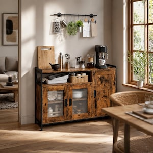 Peut inclure: Un buffet de cuisine de style rustique avec une structure en métal noir et un fini en bois vieilli. Il comprend des portes vitrées, une cafetière et divers ustensiles de cuisine. Un support en métal noir au-dessus contient des ustensiles et des plantes.