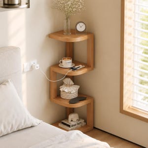Modern houten nachtkastje met plank – Minimalistisch nachtkastje, klein hoekplankje voor de slaapkamer, Scandinavisch houten bijzettafeltje