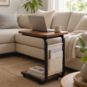 C Shaped Rolling Side Table with Storage Pocket – Modern Wooden Sofa Table on Wheels, Couch Laptop Table, Small Space End Table