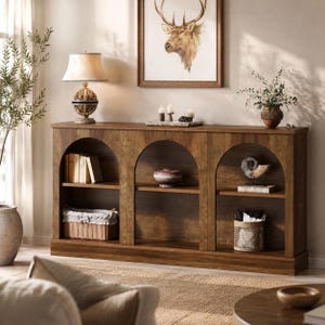 Può includere: Una lunga console in legno marrone con tre sezioni a scaffale aperto ad arco. I ripiani contengono libri, una piccola ciotola, una conchiglia decorativa e due cesti intrecciati. Il mobile ha una finitura liscia e una base rettangolare.