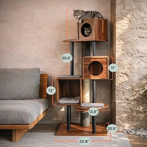May include: A multi-level cat tree featuring dark wood cubbies, black support poles, and gray carpeted platforms. The structure stands 59.5 inches tall, with a 22.8-inch base, 20.5-inch width, 13-inch cubby depth, 11-inch height, and 13.8-inch platform.