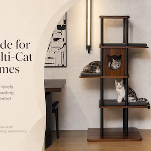 Modern Large Cat Tree for Big Cats, 62 Inch Cat Tower with XL Platforms, Walnut Wood Look Cat Furniture, Linen Pads for Indoor Cats image 7