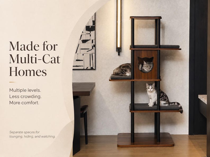 Modern Large Cat Tree for Big Cats, 62 Inch Cat Tower with XL Platforms, Walnut Wood Look Cat Furniture, Linen Pads for Indoor Cats image 7