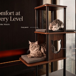 Modern Large Cat Tree for Big Cats, 62 Inch Cat Tower with XL Platforms, Walnut Wood Look Cat Furniture, Linen Pads for Indoor Cats image 3