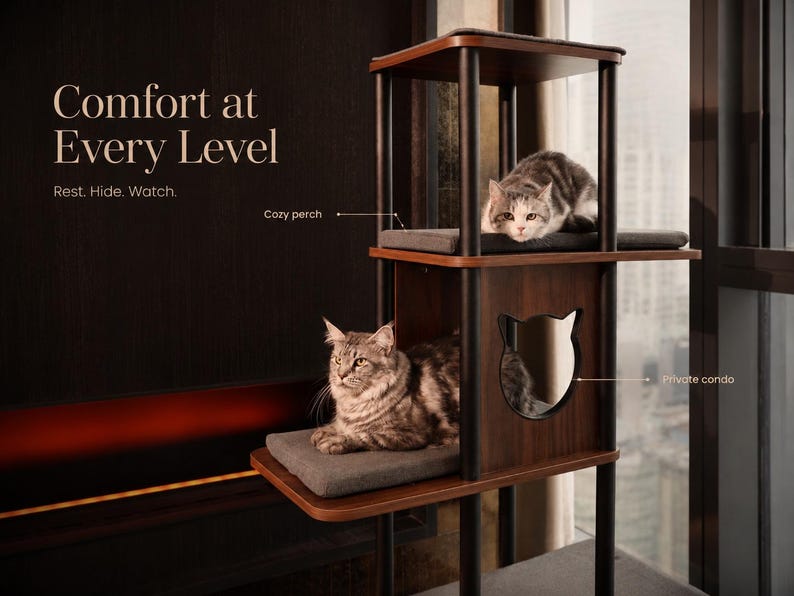 Modern Large Cat Tree for Big Cats, 62 Inch Cat Tower with XL Platforms, Walnut Wood Look Cat Furniture, Linen Pads for Indoor Cats image 3