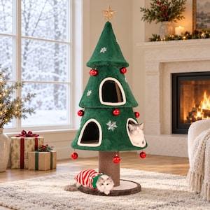 May include: A green plush cat tree shaped like a Christmas tree with a gold star topper, white snowflake embroidery, and hanging red ornaments. It features two arched openings for cats, a sisal-wrapped post, and a round base on a rug.