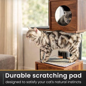 May include: A multi-level cat tree with a dark wood finish. A gray tabby cat stands on a lower level with a scratching pad. Another gray cat is inside a circular opening on the top level. The text reads: Durable scratching pad designed to satisfy your cat's natural instincts.