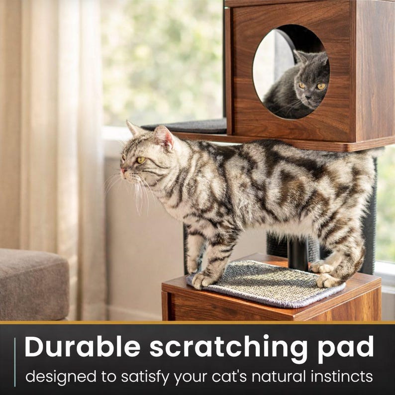 May include: A multi-level cat tree with a dark wood finish. A gray tabby cat stands on a lower level with a scratching pad. Another gray cat is inside a circular opening on the top level. The text reads: Durable scratching pad designed to satisfy your cat's natural instincts.