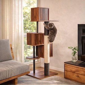 May include: A multi-level cat tree featuring three dark wood-toned square cubbies, a central vertical post with a light-colored sisal rope scratching section, and a dark grey cat climbing and resting on the structure.