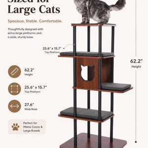 May include: A multi-level cat tree with dark wood-toned platforms, black support poles, and gray cushions. It features a cat-shaped cutout in the central enclosure. Dimensions include a 62.2-inch height, 25.6-inch by 15.7-inch top platform, and 27.6-inch base.