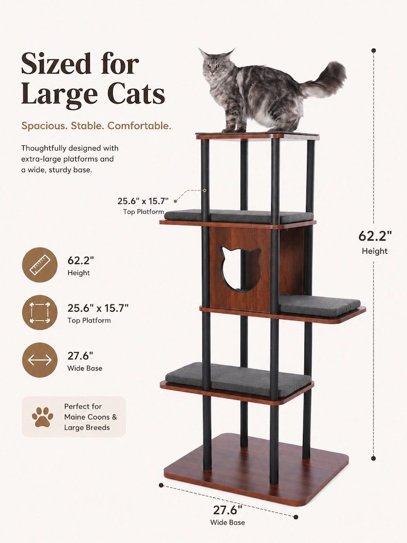 May include: A multi-level cat tree with dark wood-toned platforms, black support poles, and gray cushions. It features a cat-shaped cutout in the central enclosure. Dimensions include a 62.2-inch height, 25.6-inch by 15.7-inch top platform, and 27.6-inch base.