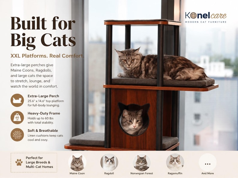 May include: A multi-level cat tree with a dark wood finish and black support pillars. It features a top platform, a middle enclosed cubby with a cat-shaped opening, and a lower platform. Each level includes a gray cushion. Text reads Built for Big Cats.
