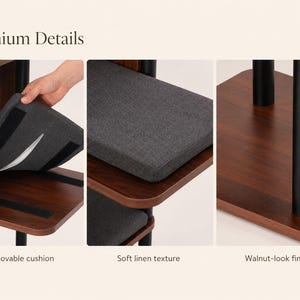 May include: A multi-level furniture piece featuring dark walnut-look wooden platforms supported by black cylindrical poles. The unit includes removable dark gray cushions with a textured fabric surface, secured to the wooden shelves with hook-and-loop strips.