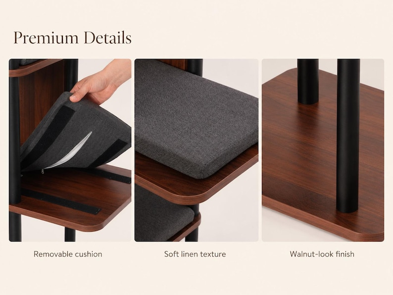 May include: A multi-level furniture piece featuring dark walnut-look wooden platforms supported by black cylindrical poles. The unit includes removable dark gray cushions with a textured fabric surface, secured to the wooden shelves with hook-and-loop strips.