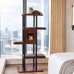 May include: A multi-level cat tree featuring dark wood platforms and black support poles. The structure includes a central enclosed cubby with a cat-shaped entrance, topped with grey cushions on each level. A tabby cat rests on the top platform.