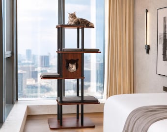 Modern Large Cat Tree for Big Cats, 62 Inch Cat Tower with XL Platforms, Walnut Wood Look Cat Furniture, Linen Pads for Indoor Cats