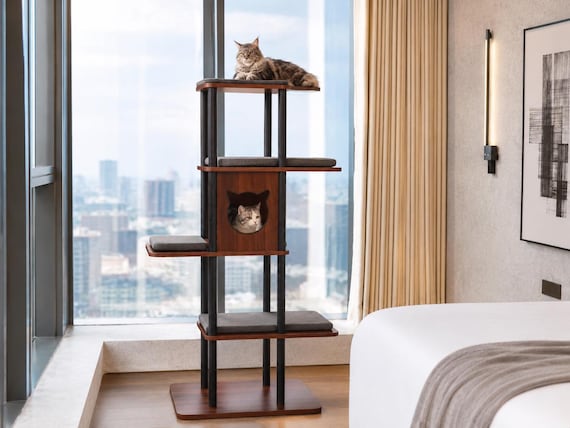 Modern Large Cat Tree for Big Cats, 62 Inch Cat Tower with XL Platforms, Walnut Wood Look Cat Furniture, Linen Pads for Indoor Cats