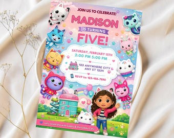 Bearbeitbare Gabbys Dollhouse Geburtstagseinladung Gabby's Kids Birthday Pandy Vorlage Druckbare Digitaler Download