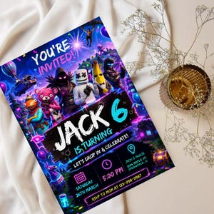 May include: A vibrant birthday invitation with the text "YOU'RE INVITED!" and "JACK 6 IS TURNING". The invitation features cartoon characters and event details, including the date, time, and location.