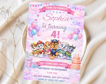 Editable Paw-ty Birthday Invitation Template, Puppy Patrol Pup Boys & Girls Bday, Kids Party Invitation,Instant Download