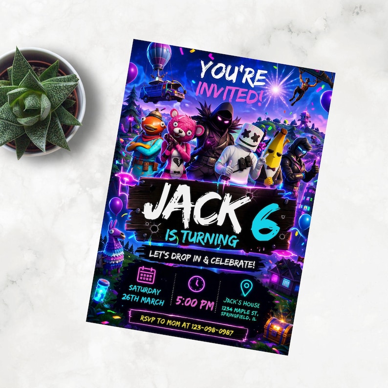 May include: A vibrant birthday invitation with a video game theme. The invitation announces "YOU'RE INVITED! JACK IS TURNING 6" with event details. The design features colorful graphics and text, including the date, time, and location of the party.